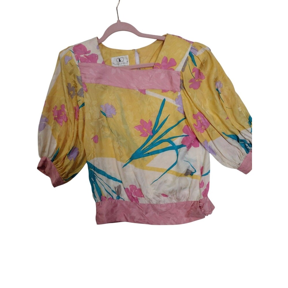 Vintage Floral Kung  yellow Silk floral print blouse  puffed sleeves Size 4